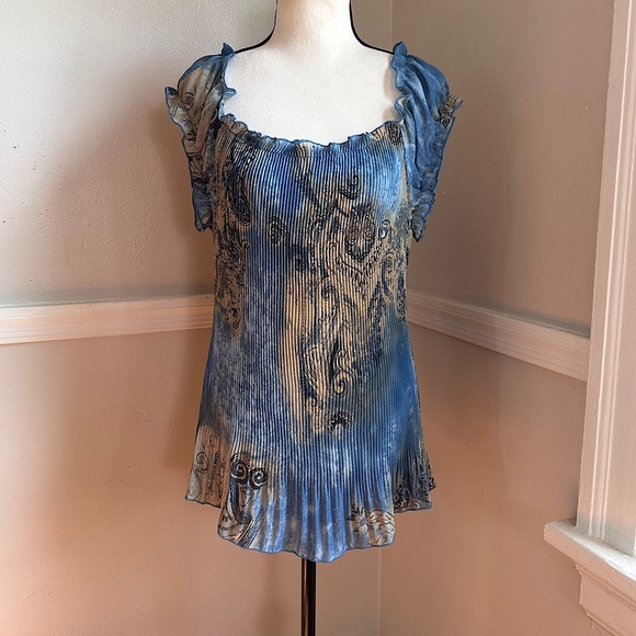 piano Tops - Vintage Piano Micro Pleated Ruffle Blouse Y2K Whimsigoth Art To Wear Fairy